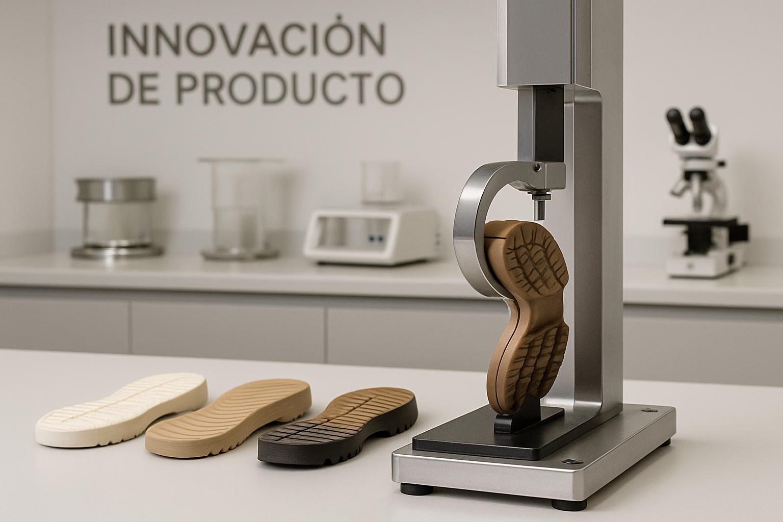 Three different types of shoe insoles are arranged next to an industrial shoe insole manufacturing machine in an office la...