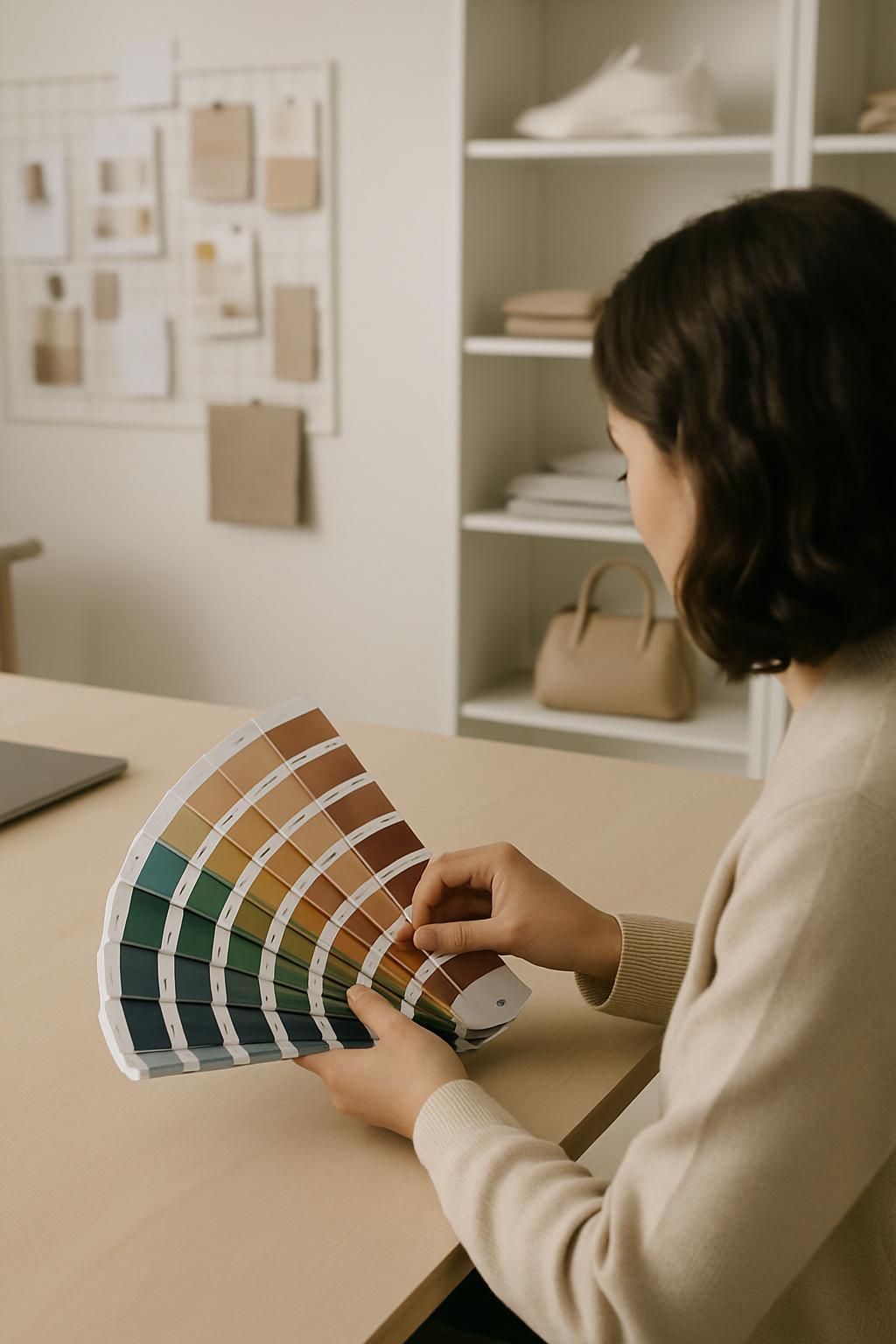 Una mujer selecciona un tablero de muestras de pintura para su proyecto de inspiración.
