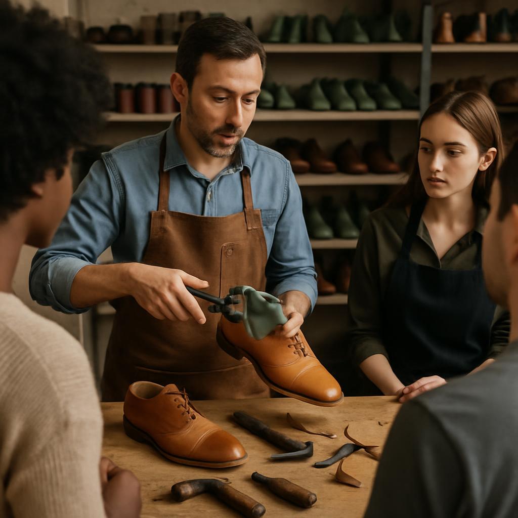 The image shows a group of people in a shoemaker's workshop, with a man wearing a blue shirt and apron, and holding a shoe...